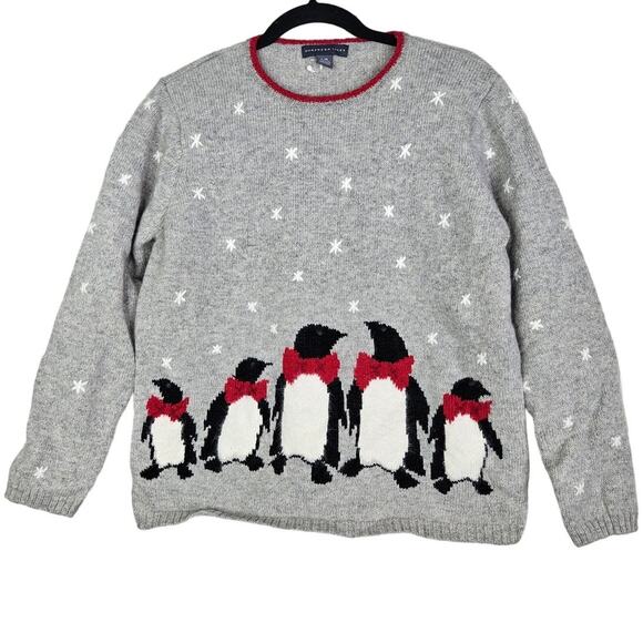 Vintage 90s Northern Isles L Wool Gray Penguin Sweater Christmas Holiday Cottage - Picture 1 of 4